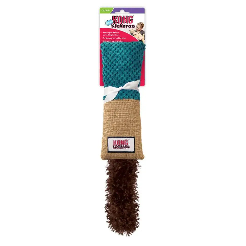 KONG Kickeroo Cuddler brown fuzzy toy with green handle and beige rope