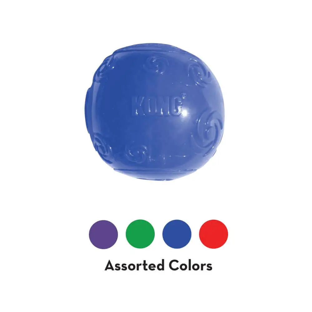 KONG Medium Squeezz Ball in royal blue with recessed squeaker for chewing enjoyment