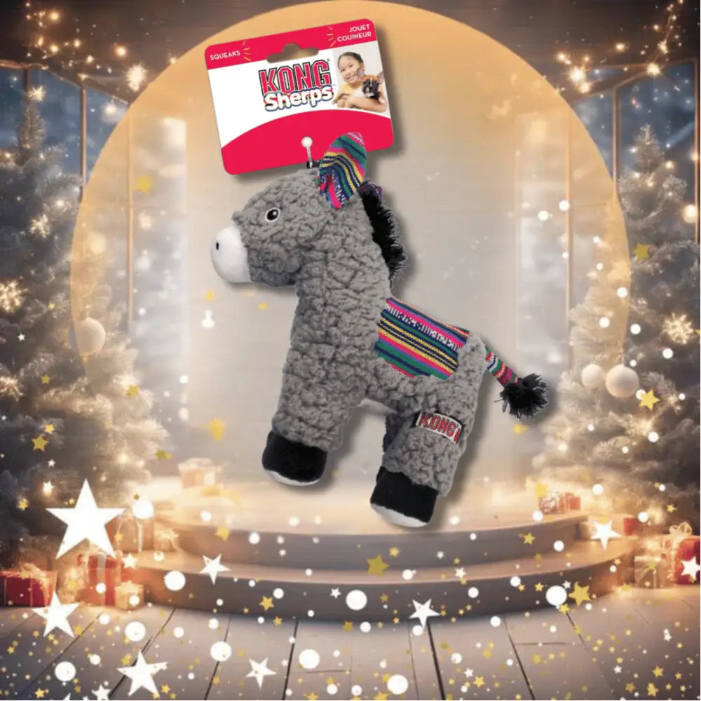 KONG Sherps Donkey Medium plush toy with colorful striped legs, black ears, added squeaker entices