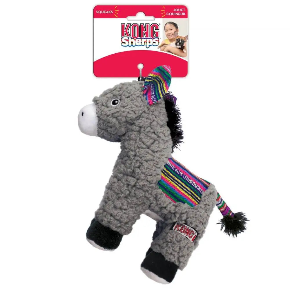 KONG Sherps Donkey medium gray plush toy with rainbow stripe