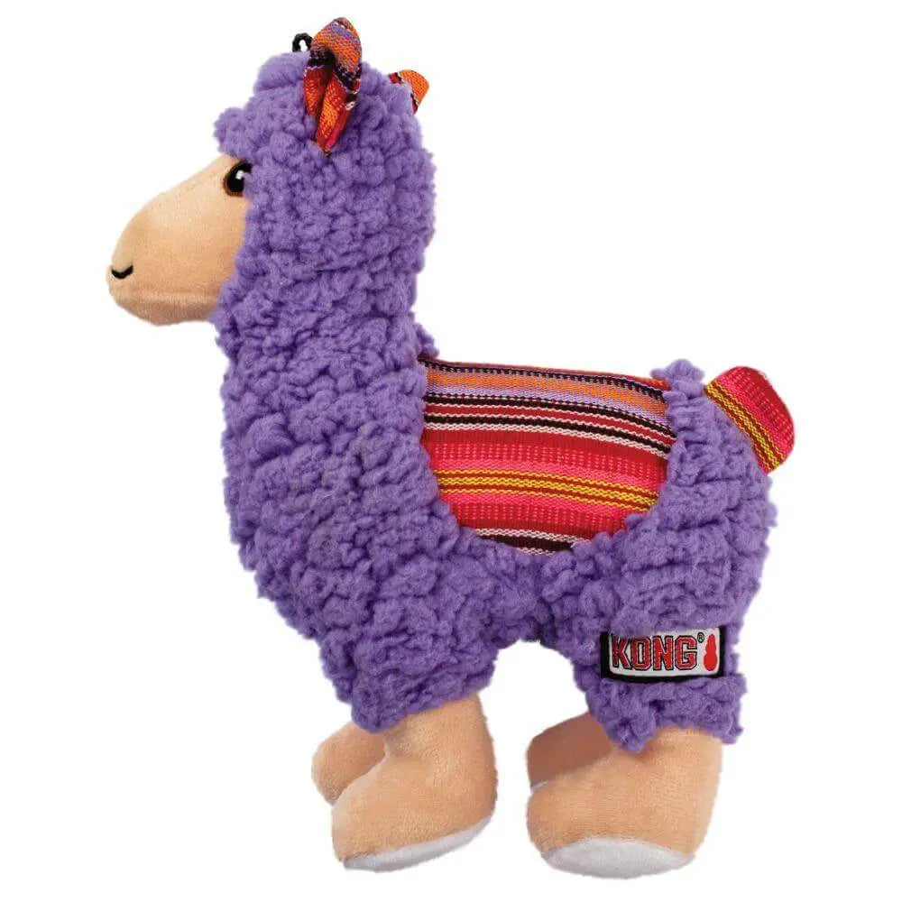 KONG Sherps Llama Medium plush toy with purple fur and colorful striped sweater