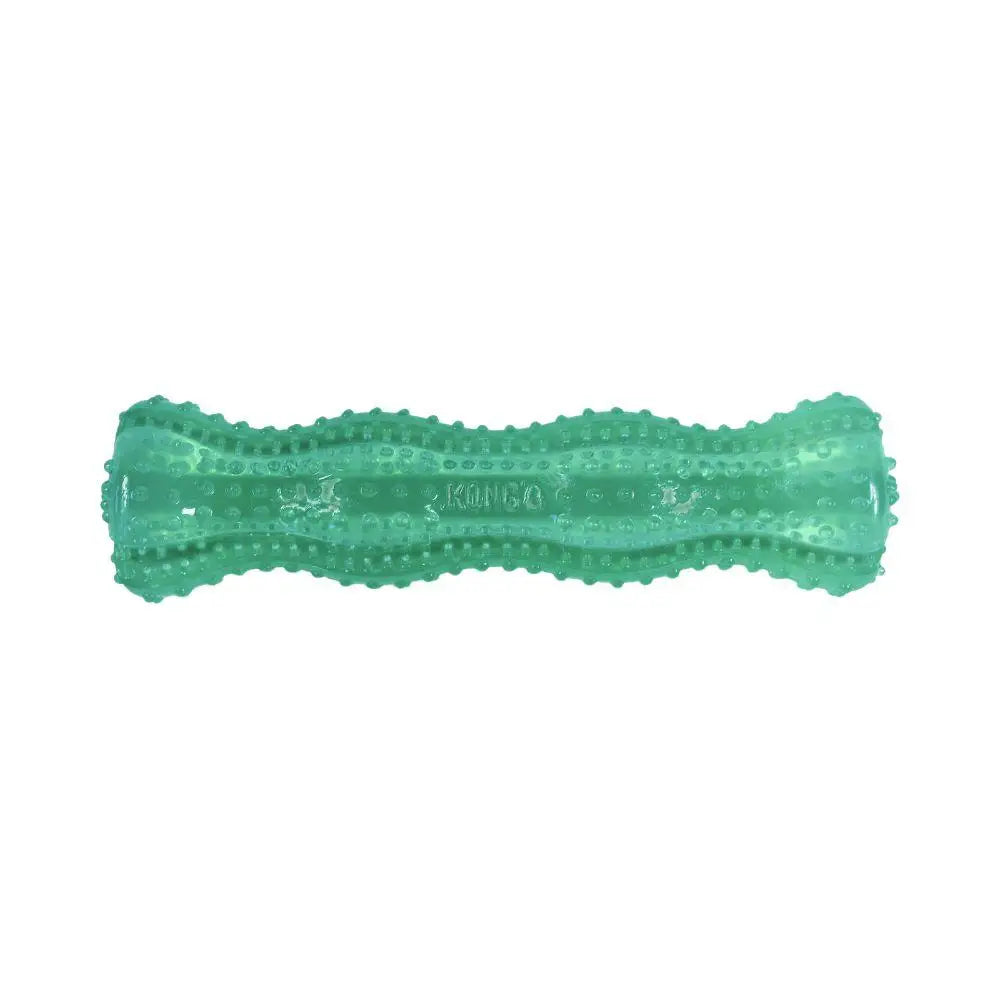 Green textured Kong Dental Squeezz dog toy with ridged surface and Kong branding