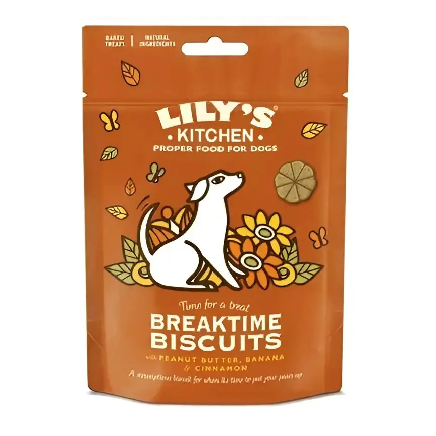 Lilys Kitchen Breaktime Biscuits 80g bag with added banana, autumn leaves, white dog