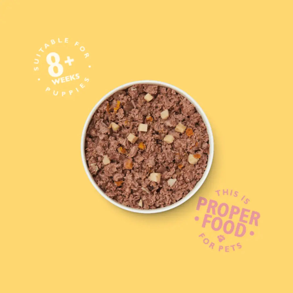 Lilys Kitchen Chicken Dinner for Puppies with brown beige chunks in white bowl