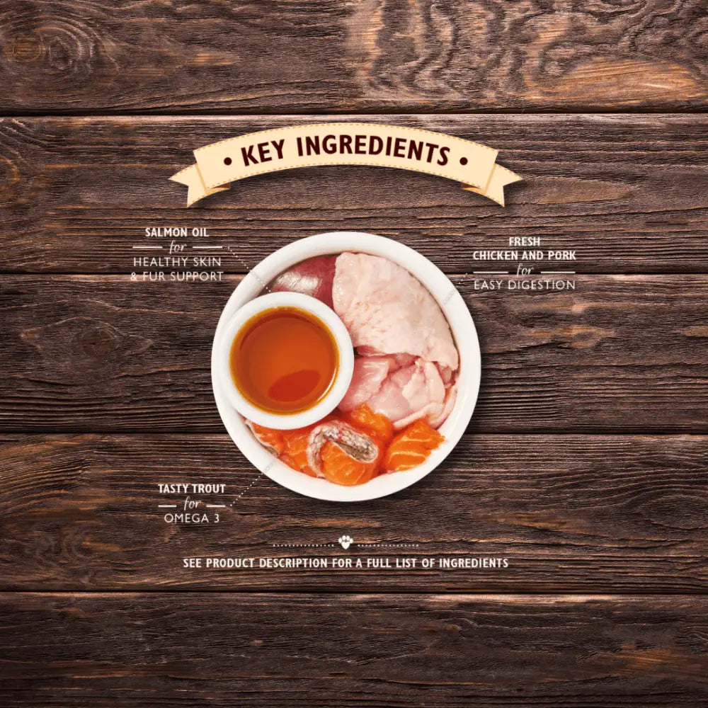 Lilys Kitchen Chicken Pate for Kittens with salmon oil, fresh chicken, pork, trout on wood