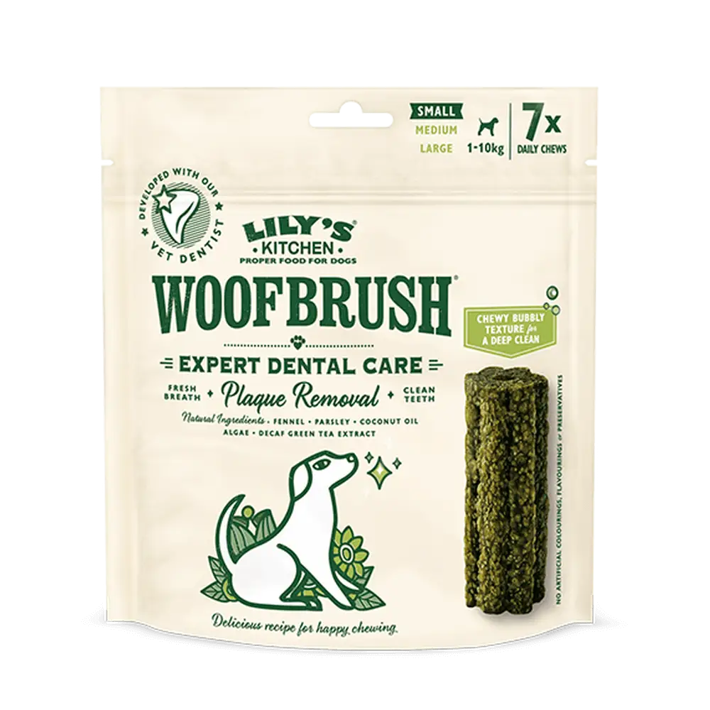 Lilys Kitchen Woofbrush dental chews for small dogs, green tea flavor