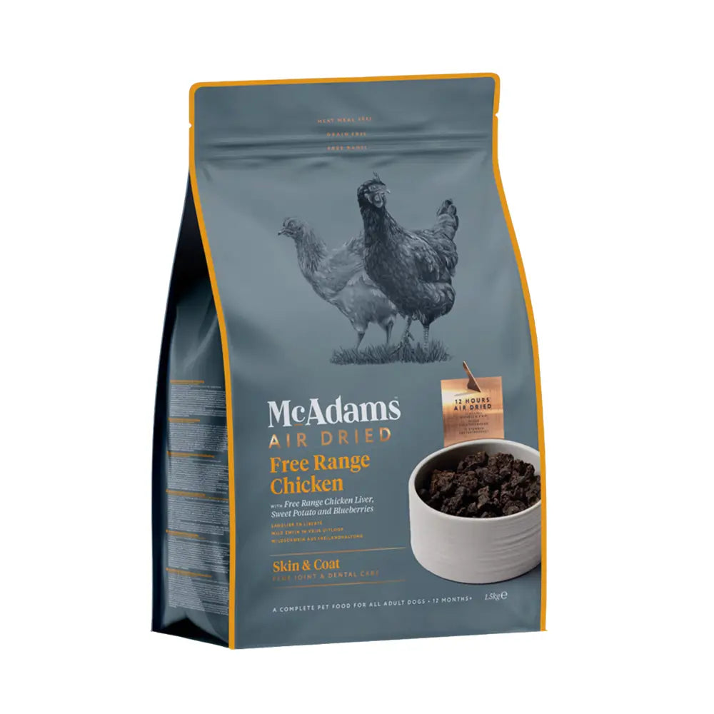 McAdams Air Dried Free Range Chicken Dog Food Bag showcasing premium air dried free range chicken