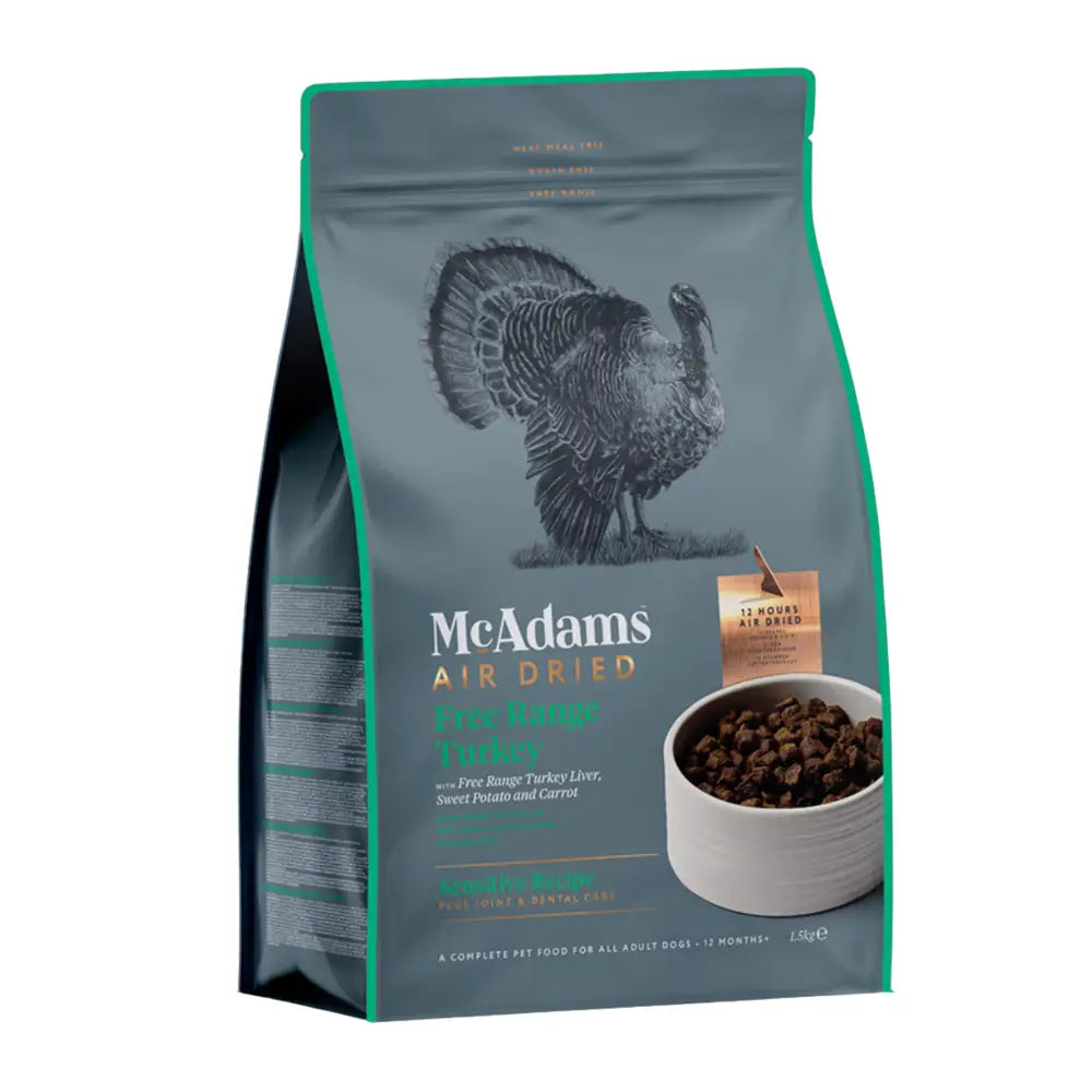McAdams Air Dried Turkey bag with free range turkey illustration and kibble bowl