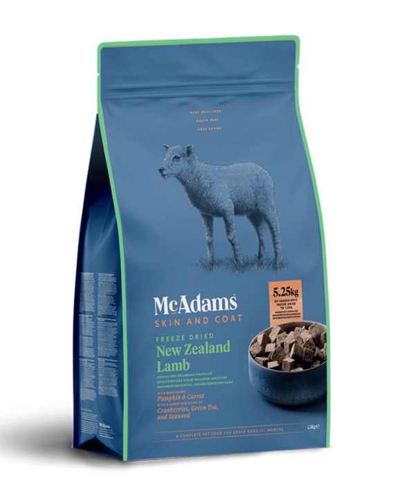Blue bag of McAdams Skin and Coat Freeze Dried New Zealand Lamb dog food on a white background