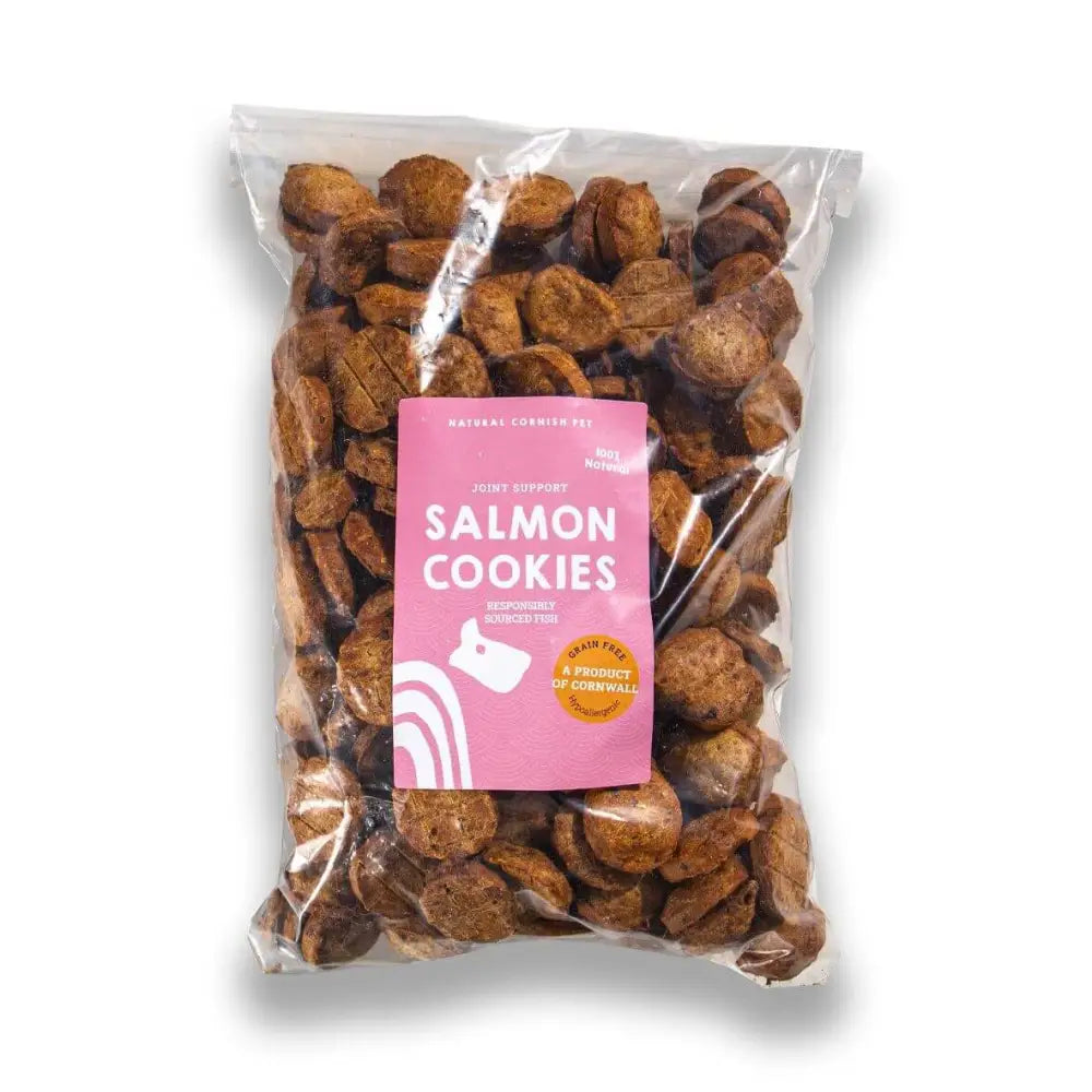 Natural Cornish Salmon and Potato Cookies in clear bag with pink label for natural dog treats