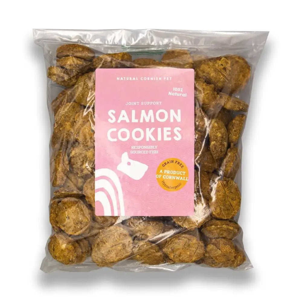 Salmon cookies in clear plastic bag with pink label and white dog logo for natural dog treats