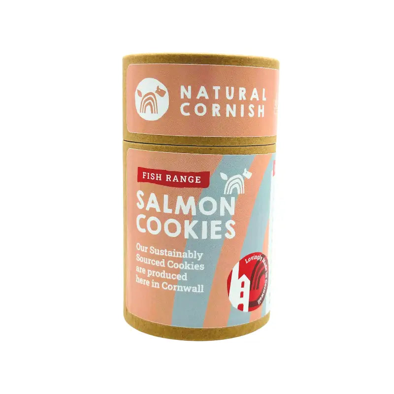 Natural dog treats Salmon cookies in pink and gold fish-design tin with potatoes
