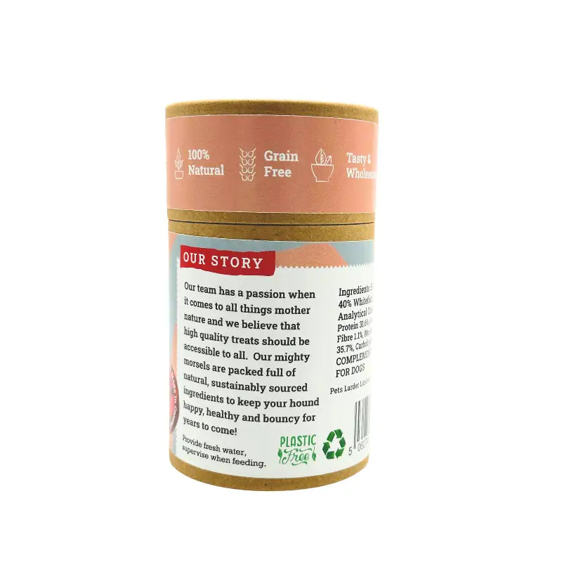 Natural dog treats jar with peach label and gold accents for potato cookies and salmon