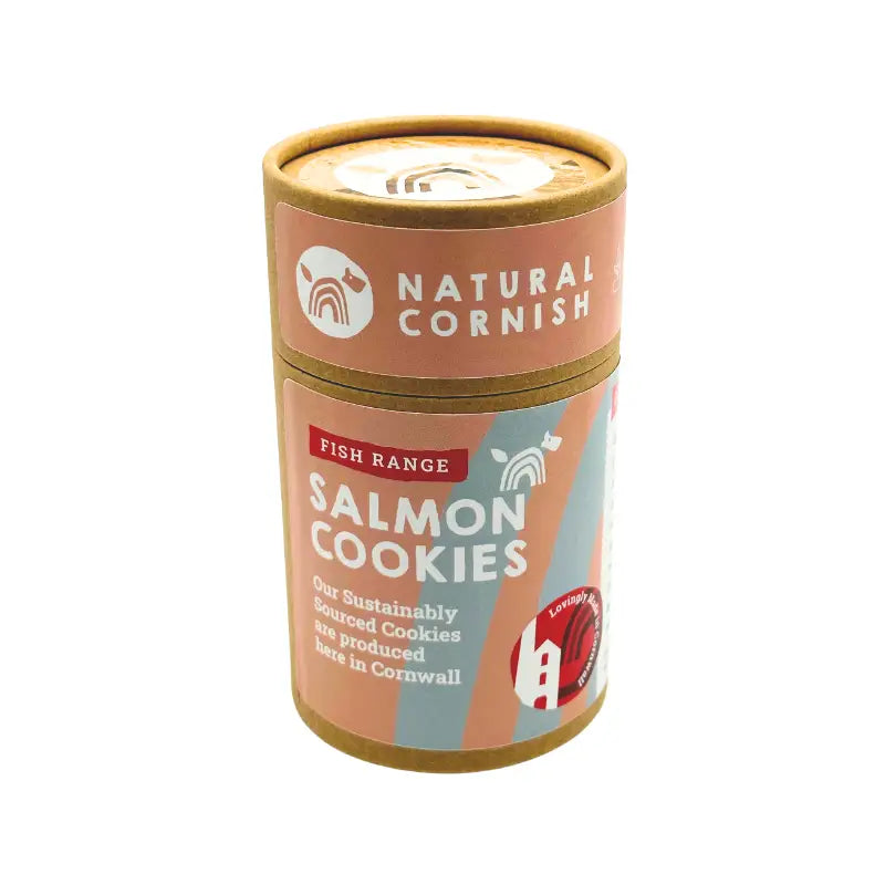 Salmon cookies tin from Natural Cornish with pink and brown design and rainbow accents
