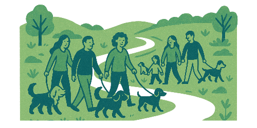 Illustration of people walking dogs in a park setting - natural pet shop community