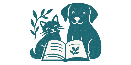 Natural pet shop teal illustration of a cat and dog reading a book with leaves on a white background