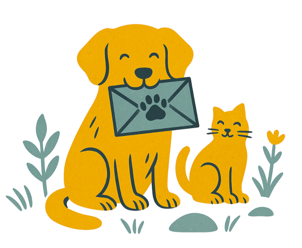 Illustration of a dog holding a envelope with a paw print and a cat sitting next to it on a white background.