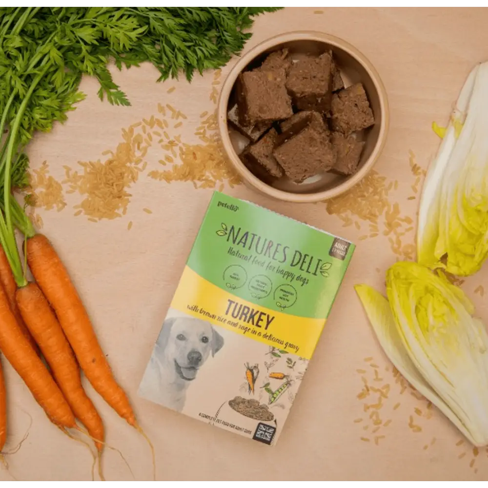 Natures Deli Turkey Jerky Treats for Dogs in Beige Bowl