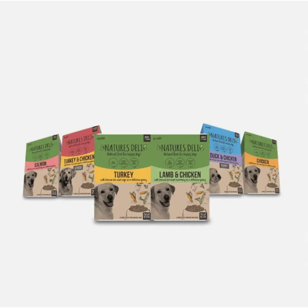 Natures Deli Turkey with Sage & Brown Rice dog food pouches in various flavors