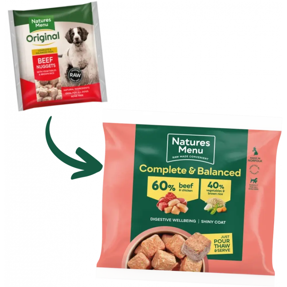Natures Menu beef and chicken dog food nuggets with brown rice, pink green bag