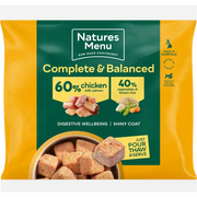 Natures Menu’s 60/40 chicken with salmon, vegetables and brown rice dog food pouch