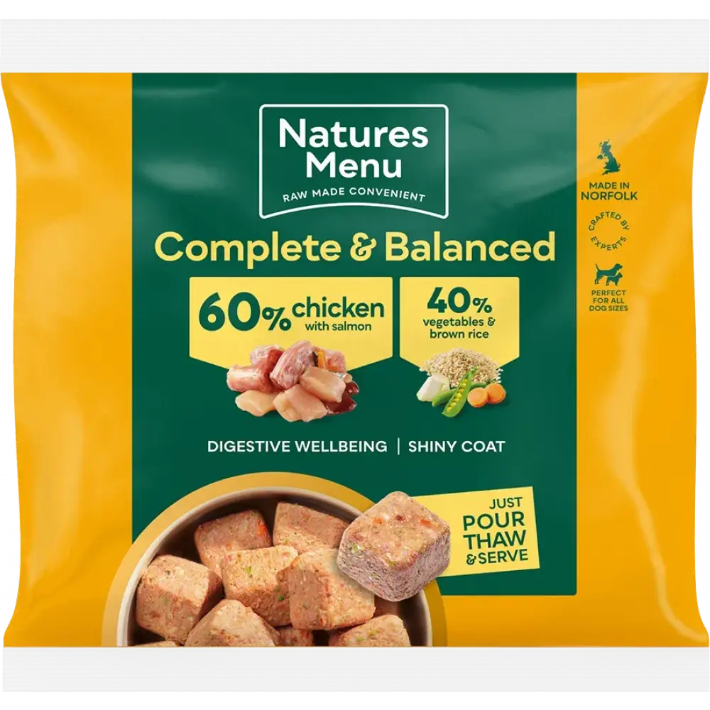 Natures Menu’s 60/40 chicken with salmon, vegetables and brown rice dog food pouch