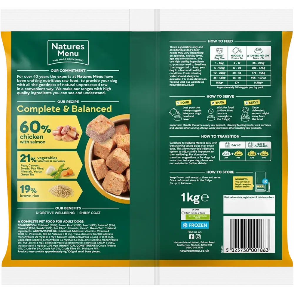Natures Menu’s 60/40 chicken with salmon, vegetables and brown rice dog food bag