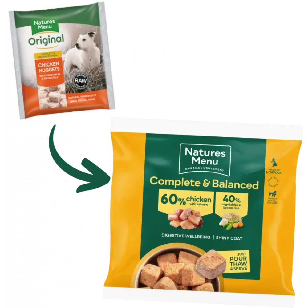 Natures Menu’s 60/40 chicken with salmon, vegetables and brown rice dog food pouch