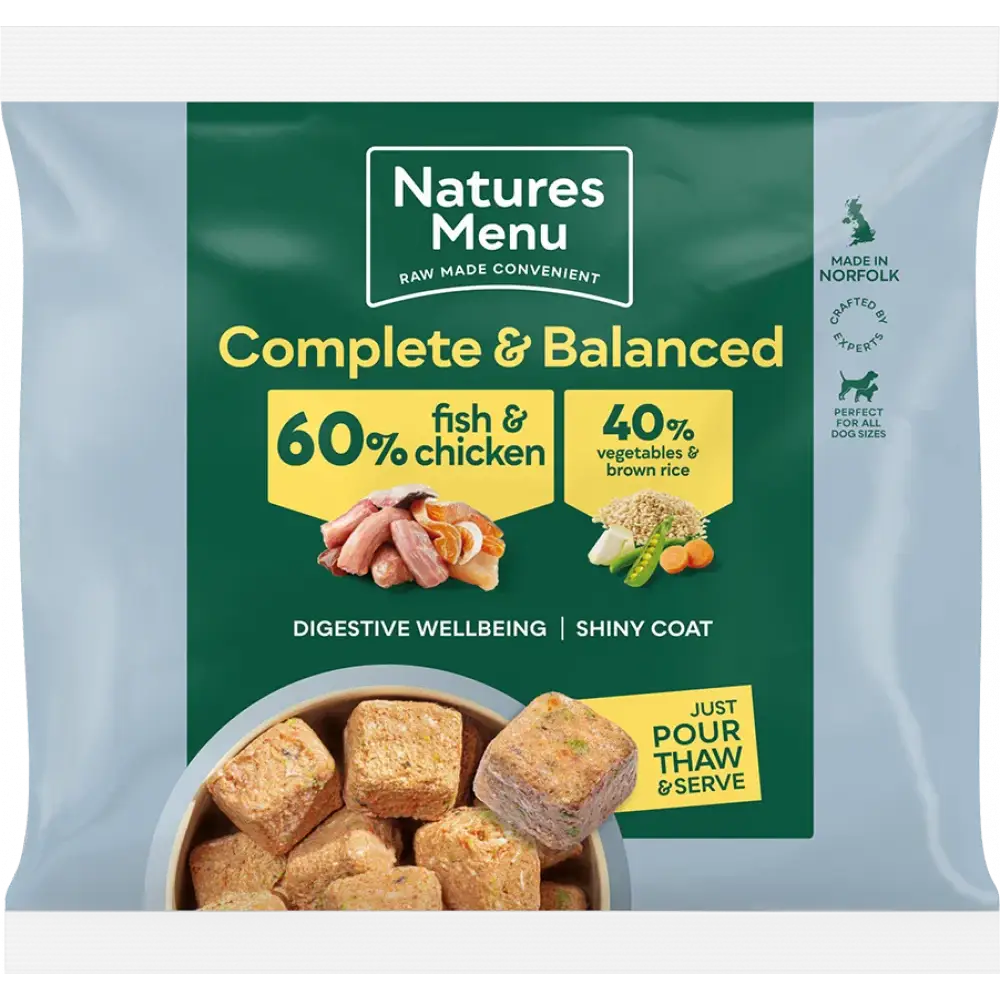 Natures Menu 60/40 fish and chicken dog food pouch with vegetables and brown rice for adult dogs