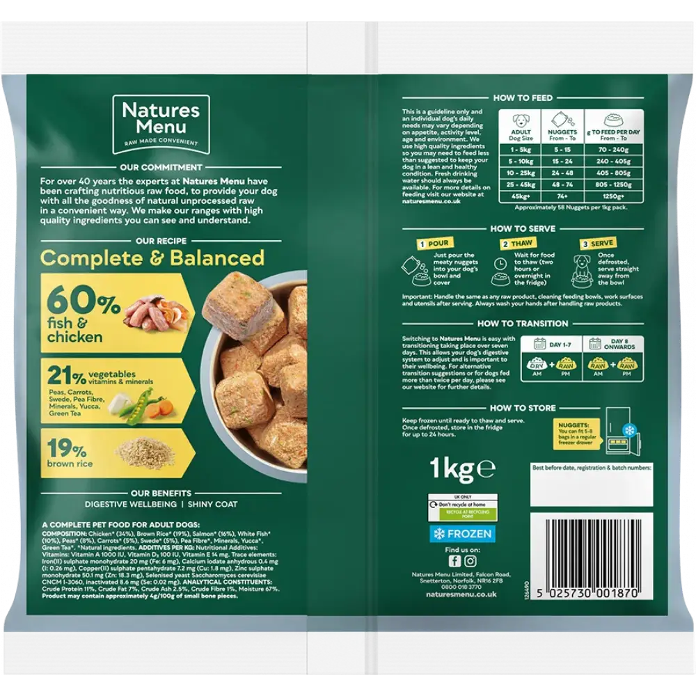 Natures Menu 60/40 fish and chicken dog food packaging