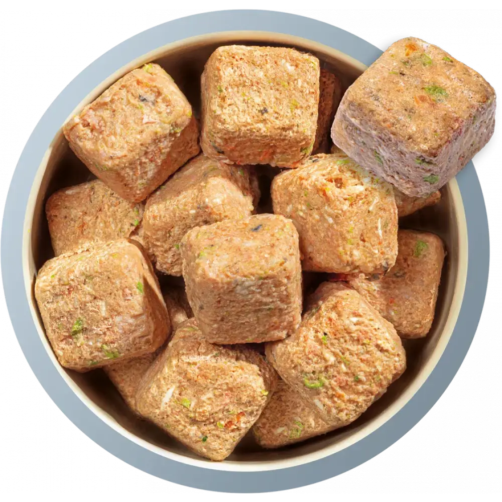 Natures Menu brown rice fish chicken dog food treats in bowl