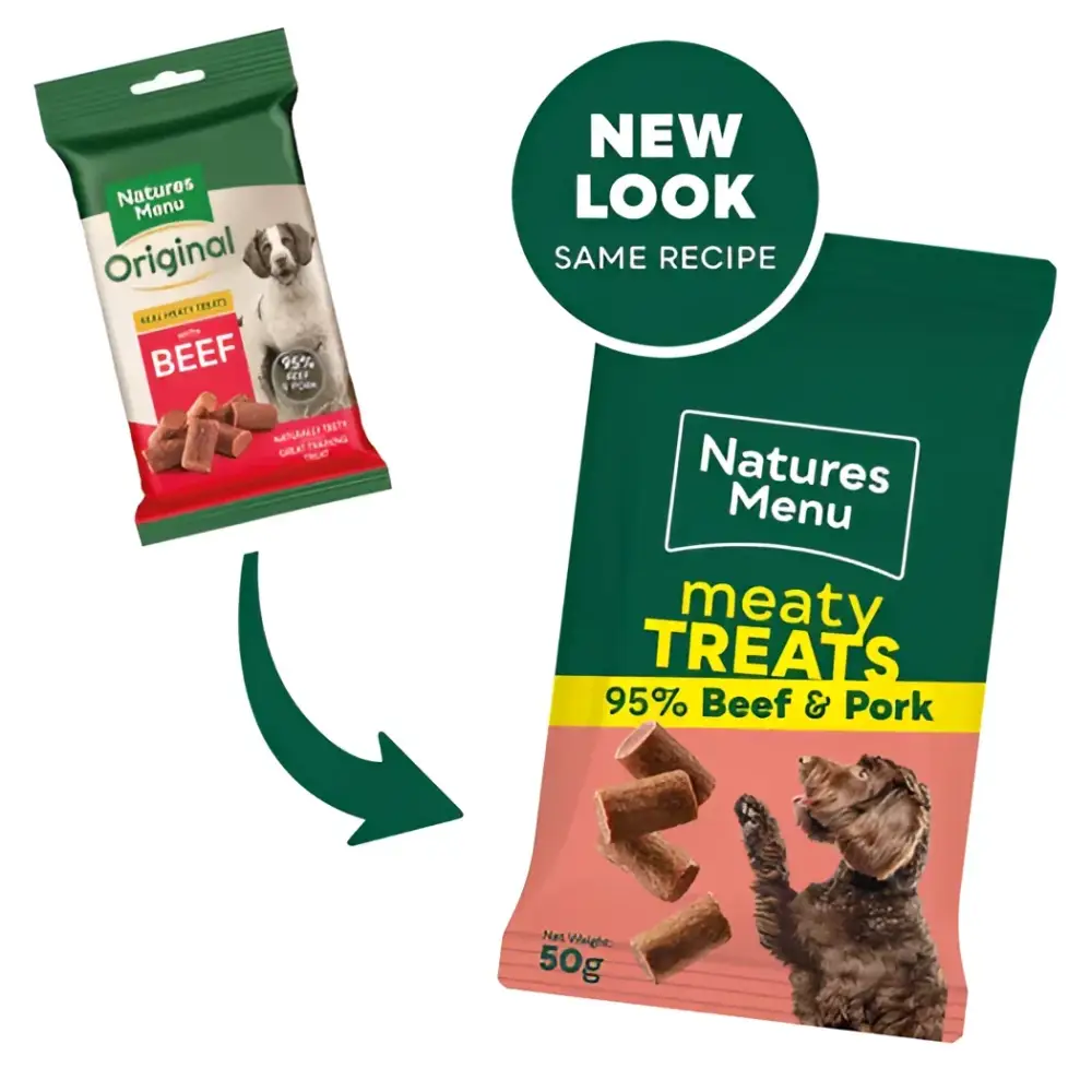 Natures Menu Beef Mini Treats with real meat, 95% beef and pork flavor in green pouch