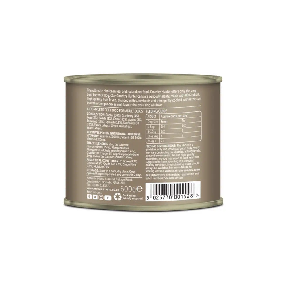 Natures Menu Country Hunter olive green rabbit dog food can with nutritional label