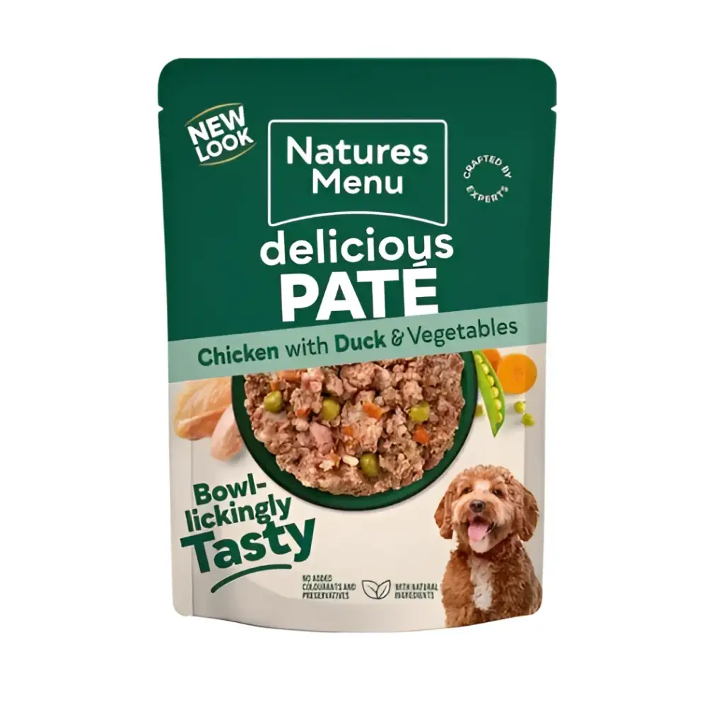 Natures Menu gently cooked chicken with duck and vegetables pate dog food pouch multipack, with vitamin D3 200IU and calcium iodate