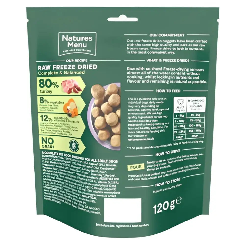 Natures Menu freeze dried 80/20 turkey dog food pouch, 120g