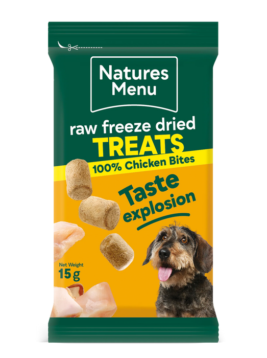 Natures Menu raw freeze dried treats packaging for dogs on a white background