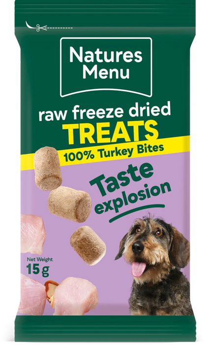 Natures Menu raw freeze dried treats packaging for dogs with a purple background and dog illustration.