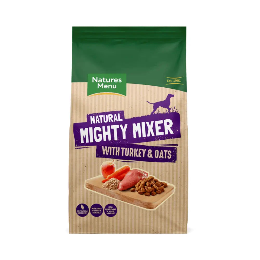 Natures Menu Mighty Mixer Biscuit with Turkey and Oats dog food bag featuring sulphate monohydrate