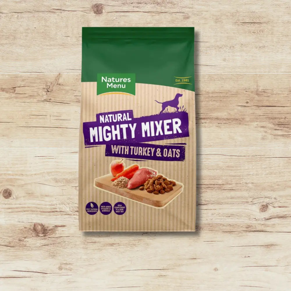 Natures Menu Mighty Mixer Biscuit with Turkey and Oats for dogs, featuring natural ingredients