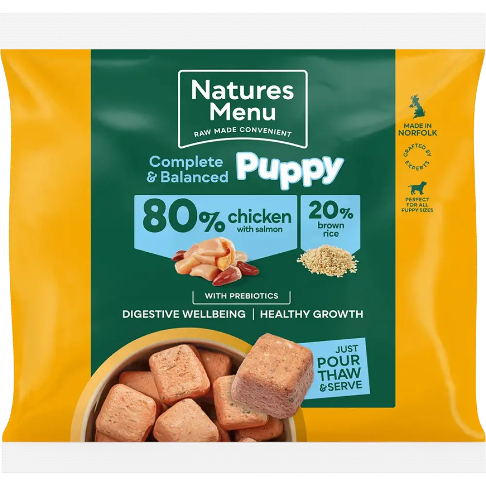 Natures Menu puppy chicken with salmon and brown rice pouch for puppies
