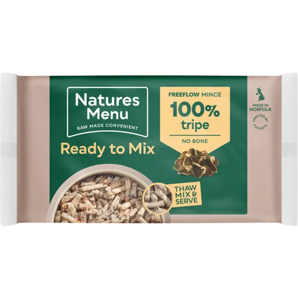 Natures Menu quality minced tripe cat food in green white package