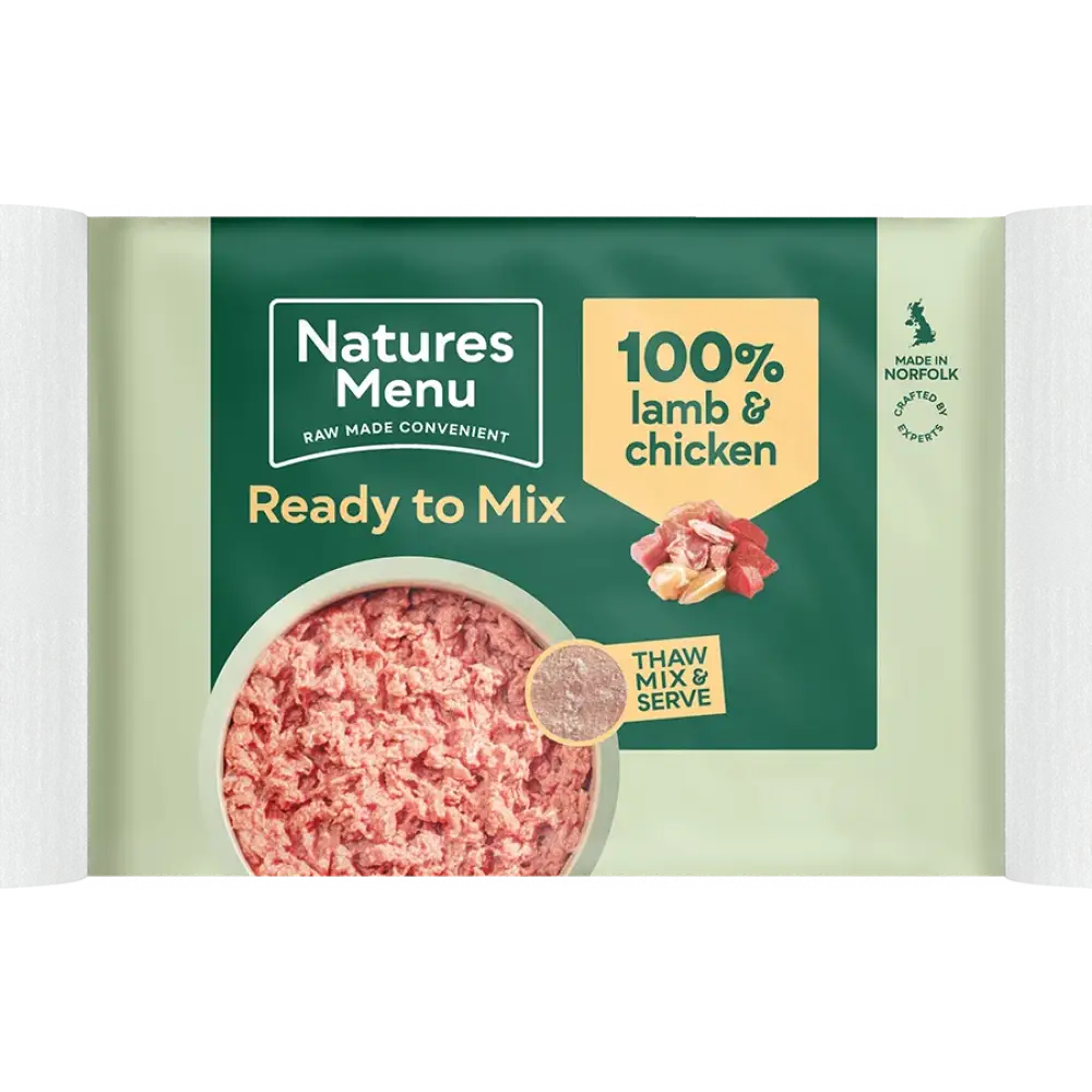 Natures Menu raw lamb and chicken mince block in convenient single serve portions