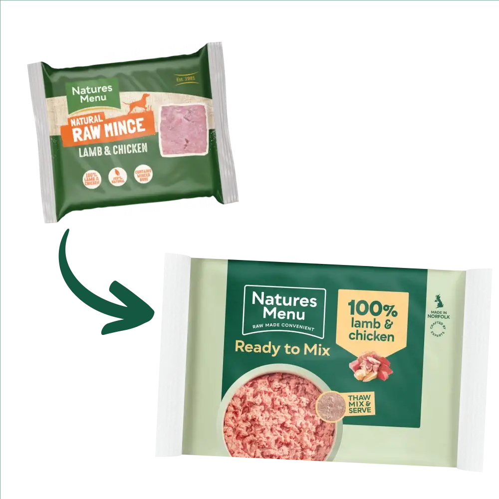 Natures Menu raw lamb and chicken mince block, convenient single serve