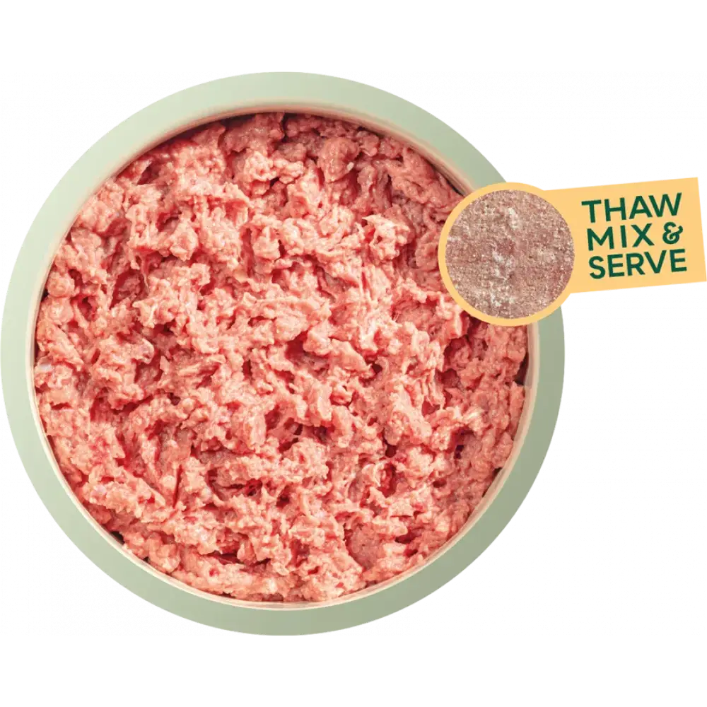 Natures Menu Raw Lamb and Chicken Mince Block in convenient single serve portion with light green rim and yellow label