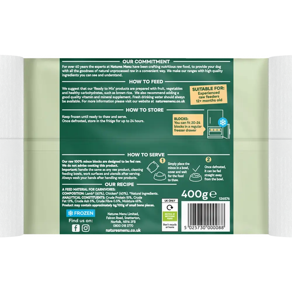 Natures Menu Raw Lamb and Chicken Mince Block, 400g green white packaging with nutrition info