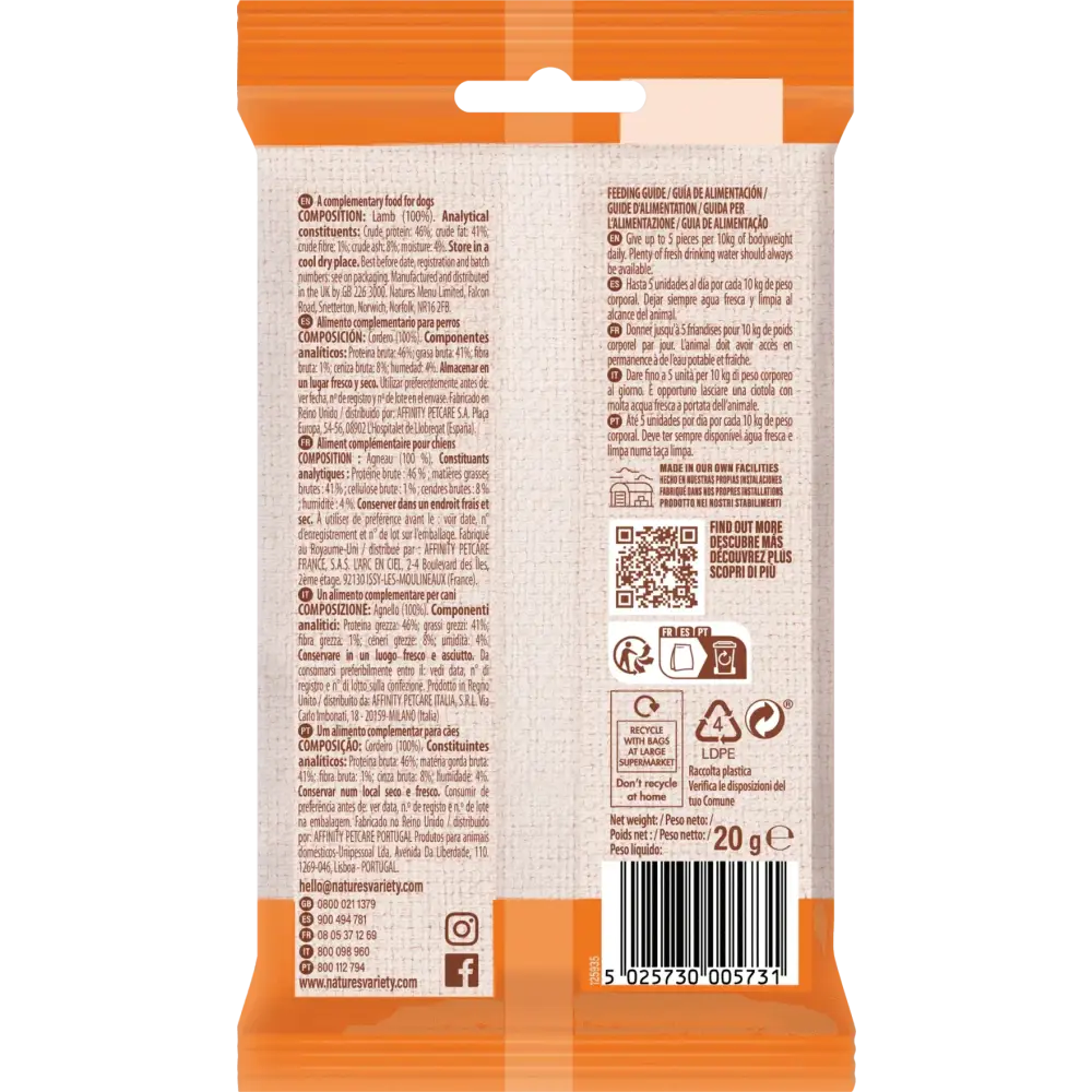 Nature’s Variety Freeze Dried Lamb Bites dog treats bag, 20g