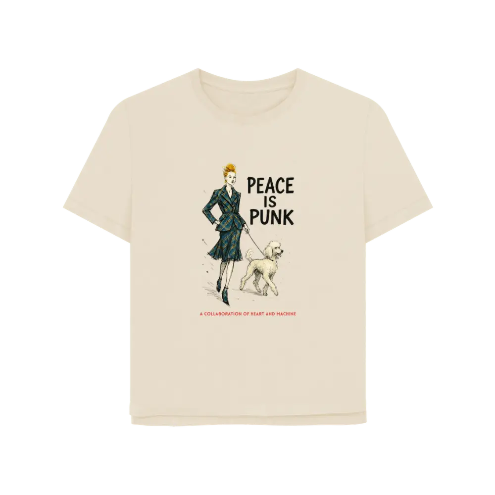 Cream-colored organic cotton T-shirt featuring a woman walking her dog and peace is punk graphic
