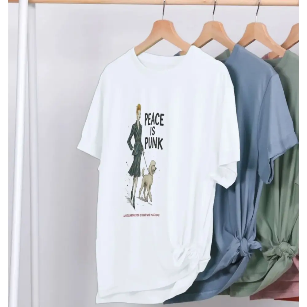 White Peace Is Punk organic cotton T-shirt with woman and dog graphic design