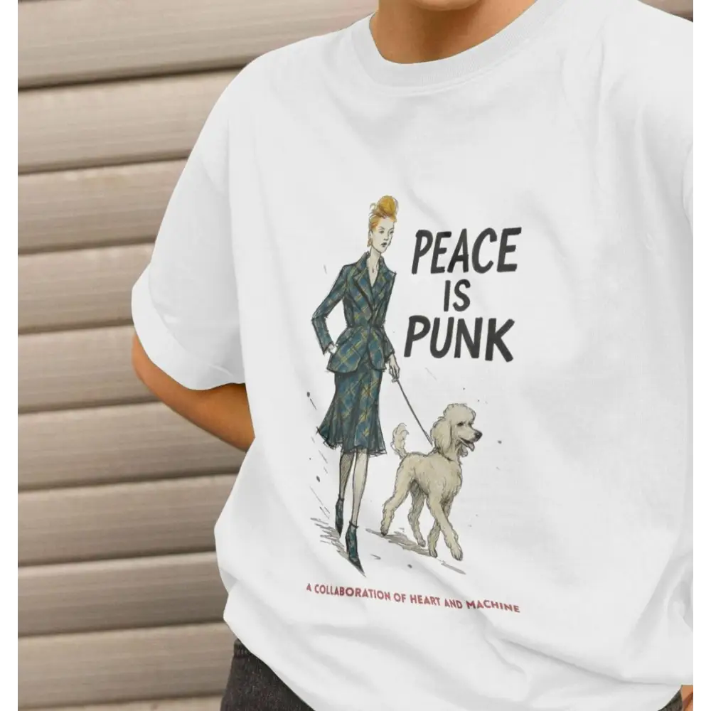 White Peace Is Punk organic cotton T-shirt with woman walking her dog graphic