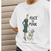 White Peace Is Punk organic cotton T-shirt with woman walking her dog graphic